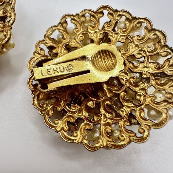 Leru Vintage Crystal Clip On Earrings Cluster Pearl Gold Chunky Signed 1950s - Picture 9 of 11